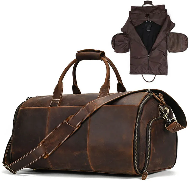 New Men’s Leather Garment Duffel Bag – Crazy Horse Style with Shoe Compartment